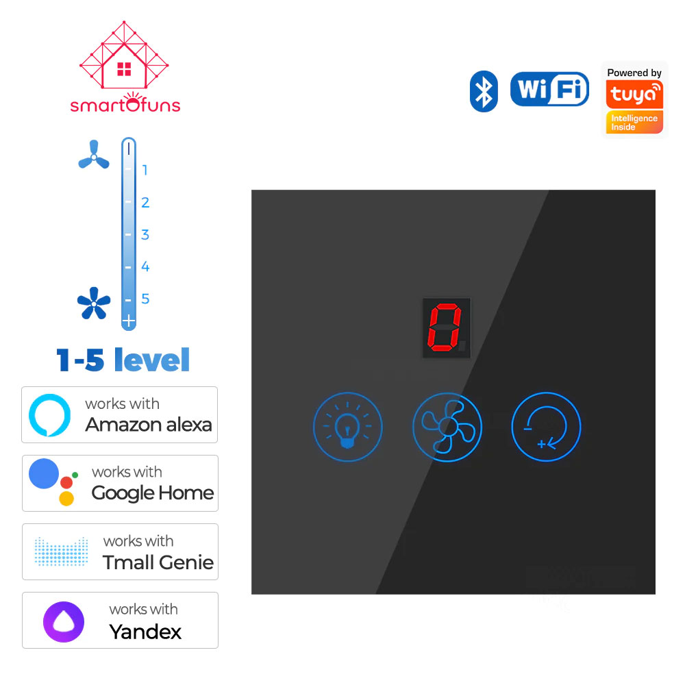 Tuya WiFi Smart Fan & Light 2 in 1 Switch (Fan Speed & Light On-Off Control) Black