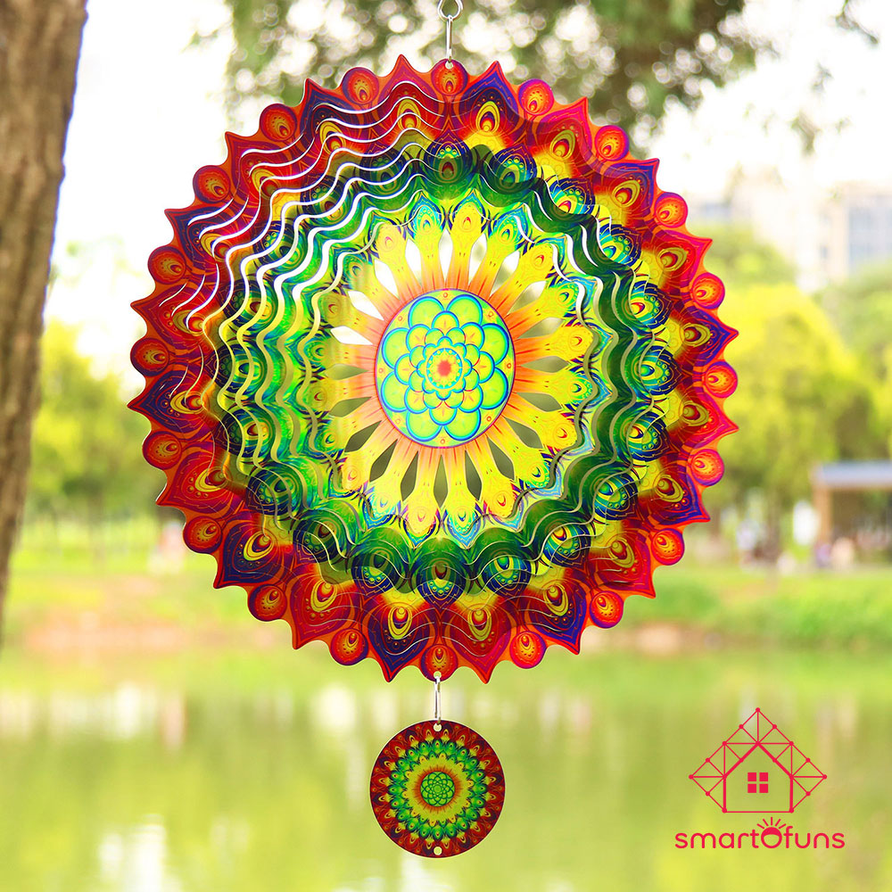 Wind Spinner Mandala 12 inch 3D Stainless Steel Colorful Rotating Hanging Decoration for Indoor/Outdoor, Garden, Balcony, Laser Cut Kinetic Art Sculpture