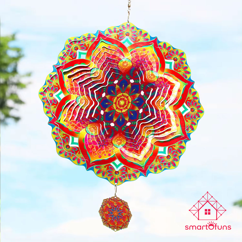 Wind Spinner Mandala 12 inch 3D Stainless Steel Colorful Rotating Hanging Decorations for Indoor/Outdoor, Laser Cut Kinetic Art Sculpture