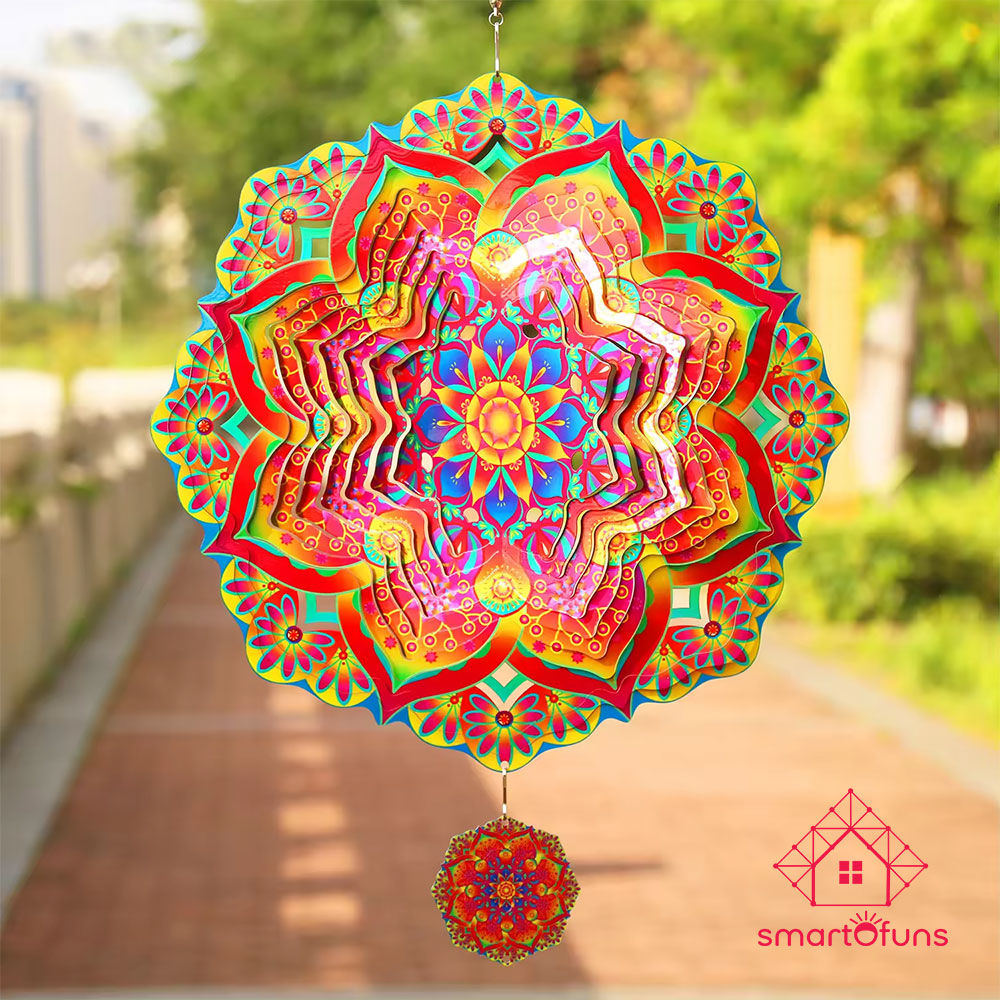 Wind Spinner Mandala 12 inch 3D Stainless Steel Colorful Rotating Hanging Decorations for Indoor/Outdoor, Laser Cut Kinetic Art Sculpture