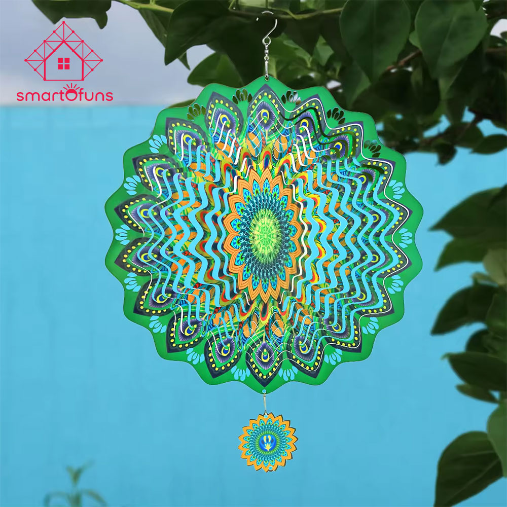 Wind Spinner Mandala 12 inch 3D Laser Cut Metal Art Hummingbird Pattern, Stainless Steel Colorful Rotating Hanging Décor