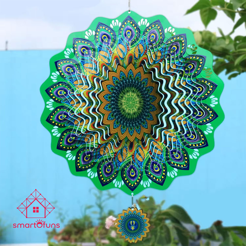 Wind Spinner Mandala 12 inch 3D Laser Cut Metal Art Hummingbird Pattern, Stainless Steel Colorful Rotating Hanging Décor