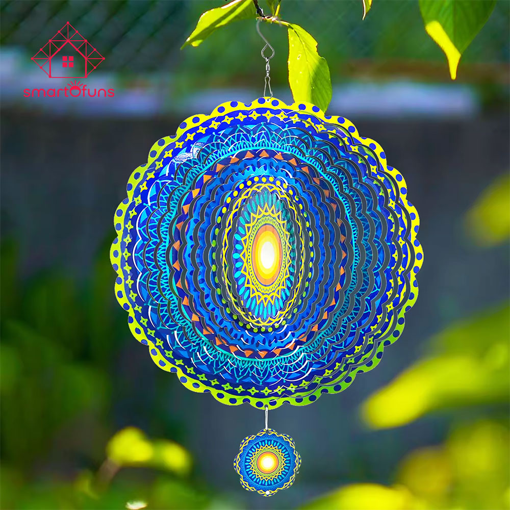 Wind Spinner Mandala 12 inch 3D Laser Cut Metal Art Geometric Pattern, Stainless Steel Hanging Rotating Trendy Decorative Accessory